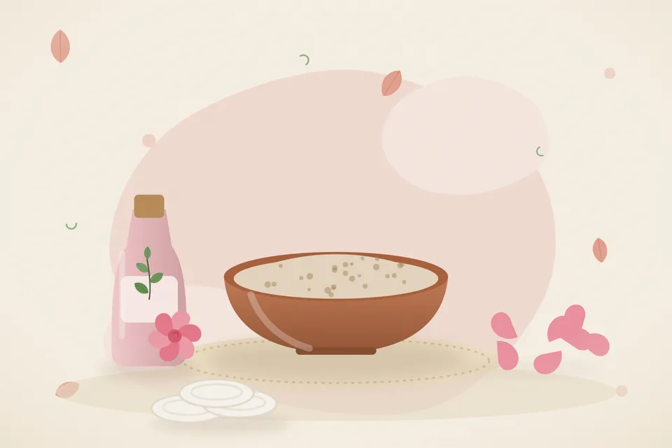 Illustrated still life with rose water, rose petals.