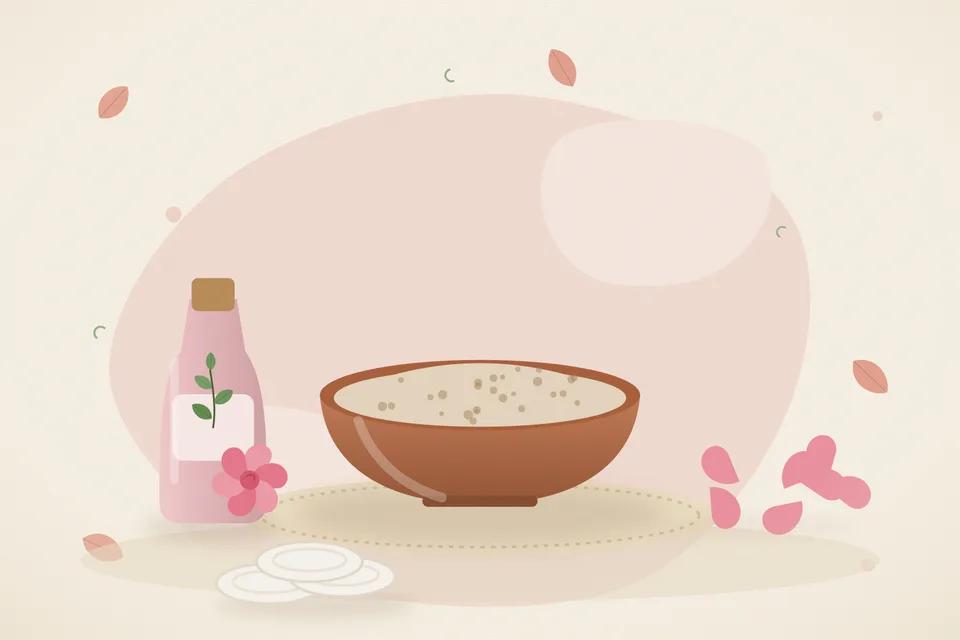 Illustrated still life with rose water, rose petals.