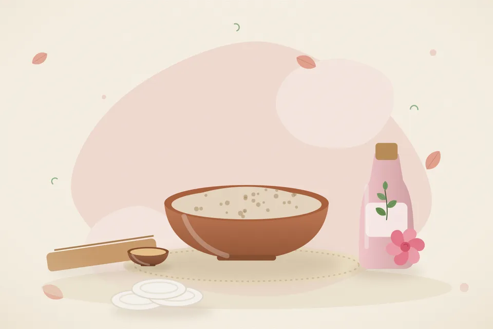 Illustrated still life with sandalwood, rose water.