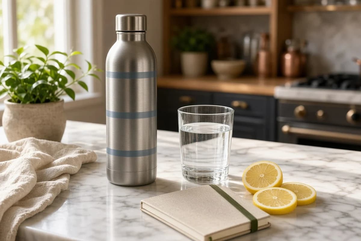 A steel water bottle with painted rings beside a glass of water, lemon slices and a small notebook.