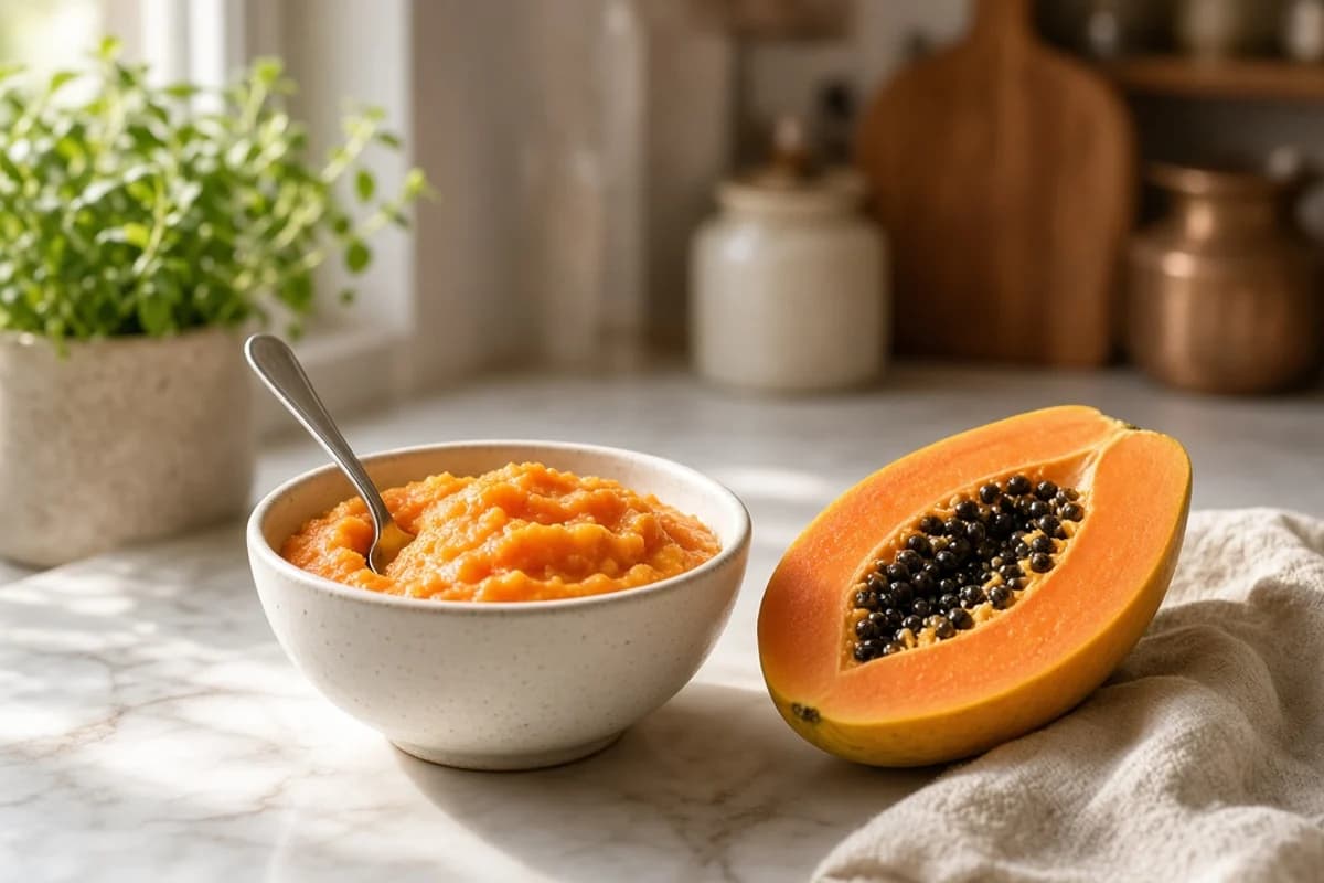 A bowl of papaya mash with a spoon beside a halved ripe papaya.