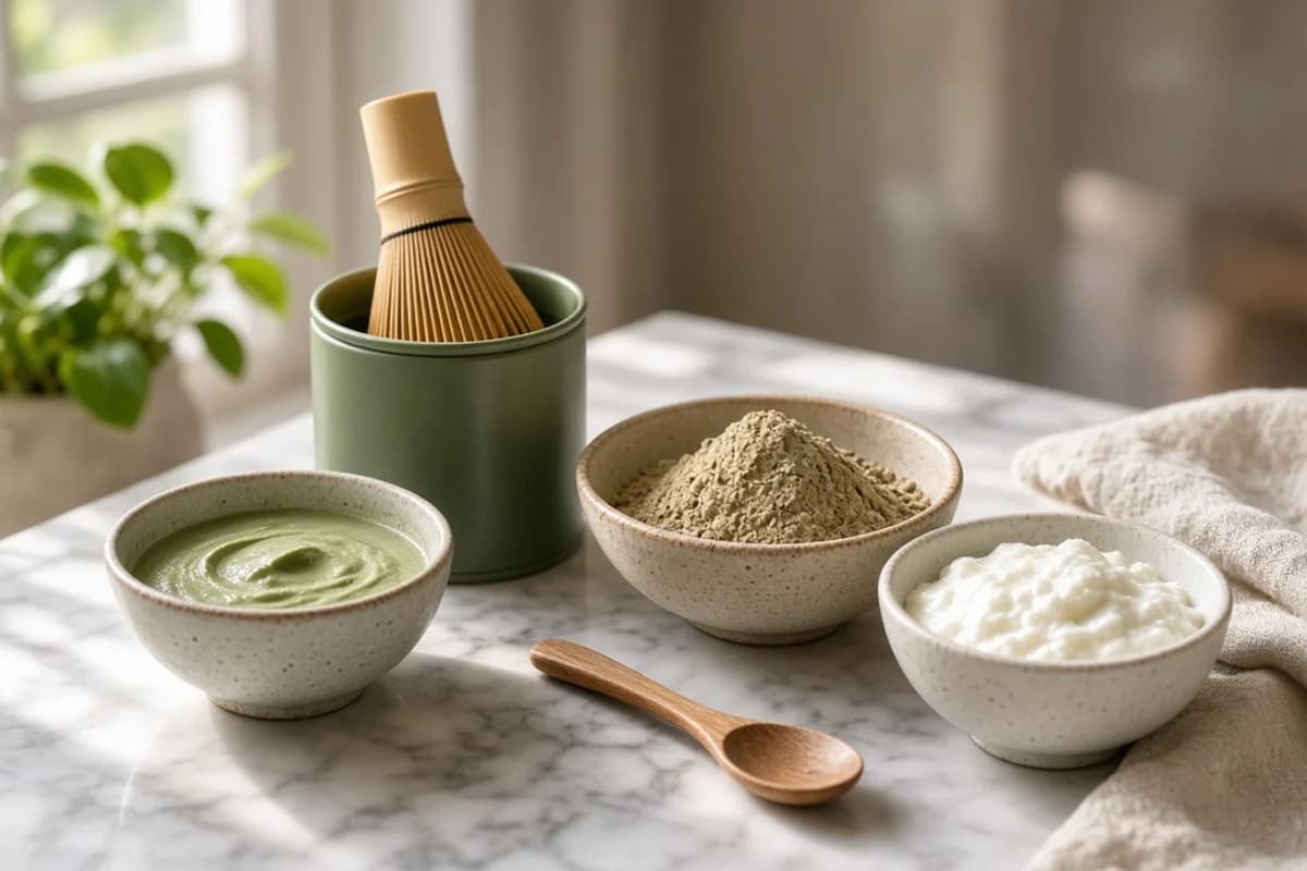 Bowls of green matcha paste, matcha powder and white curd with a bamboo whisk and a wooden spoon.