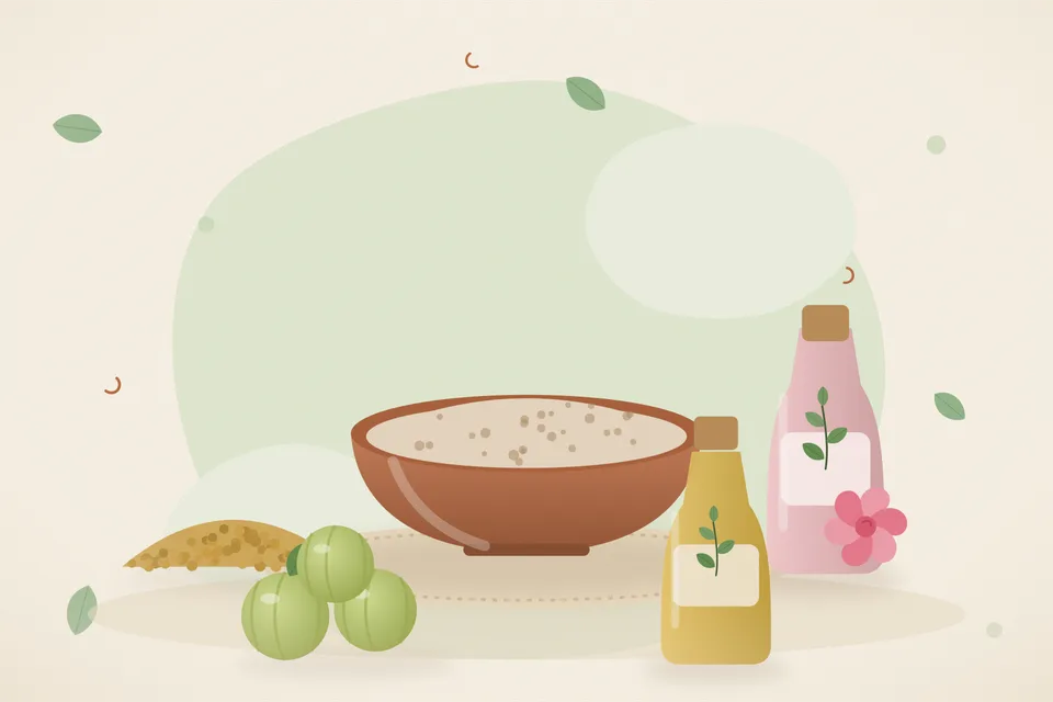 Illustrated still life with fenugreek seeds, rose water, amla.
