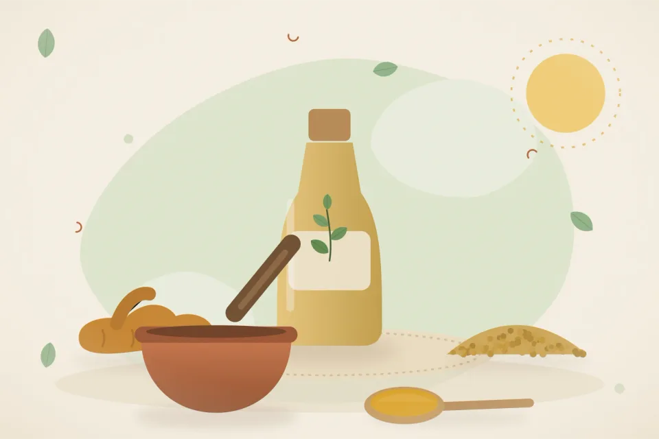 Illustrated still life with turmeric root, fenugreek seeds.