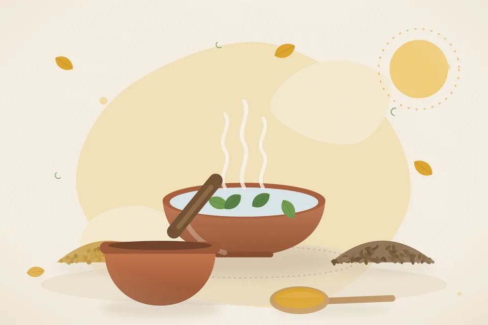 Illustrated still life with fenugreek seeds, cumin seeds.