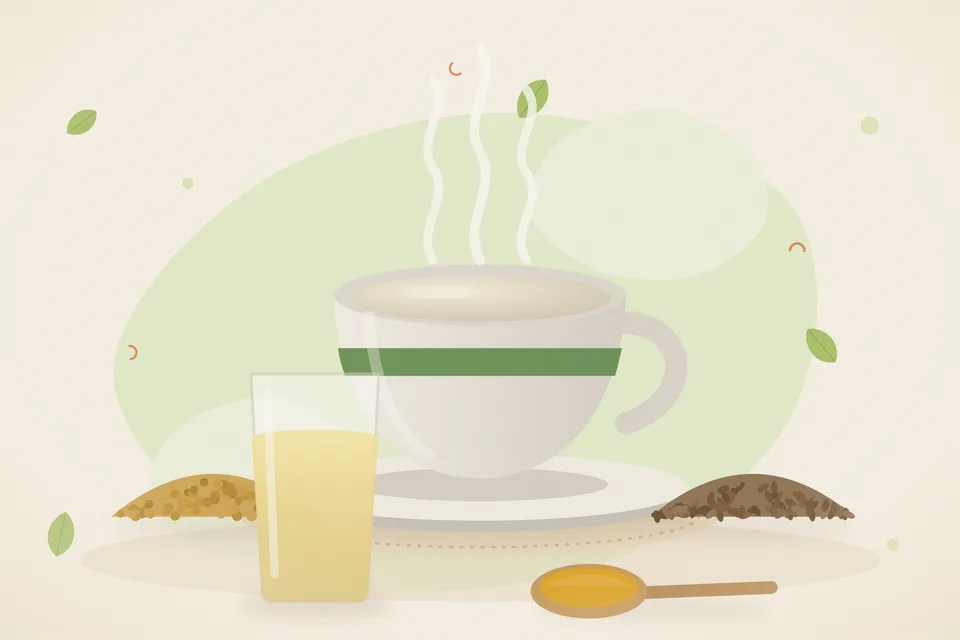 Illustrated still life with fenugreek seeds, cumin seeds.