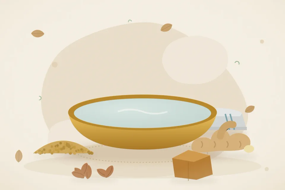 Illustrated still life with fenugreek seeds, fresh ginger, almonds, jaggery.