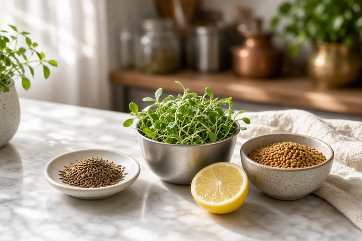 A steel bowl of fresh green sprouts beside dishes of cumin and mustard seeds and half a lemon.