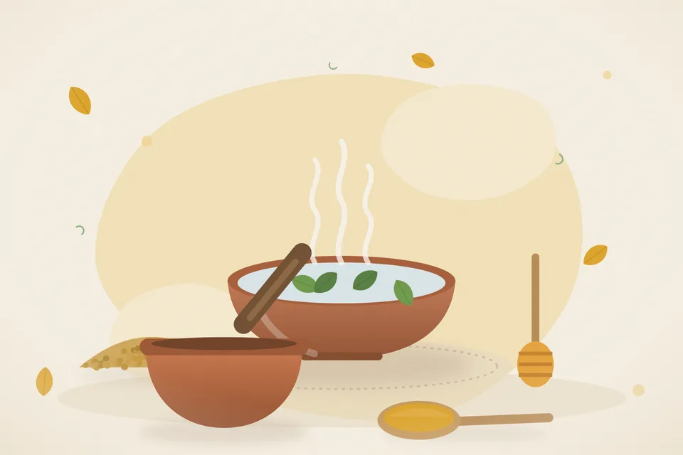 Illustrated still life with fenugreek seeds, honey.