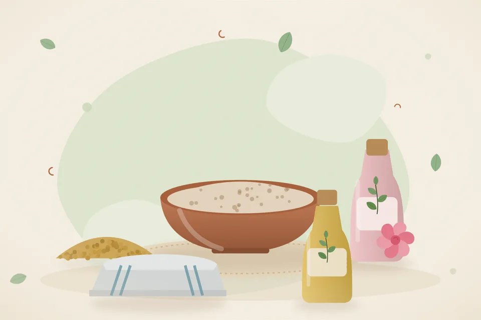 Illustrated still life with fenugreek seeds, rose water, a folded cloth.