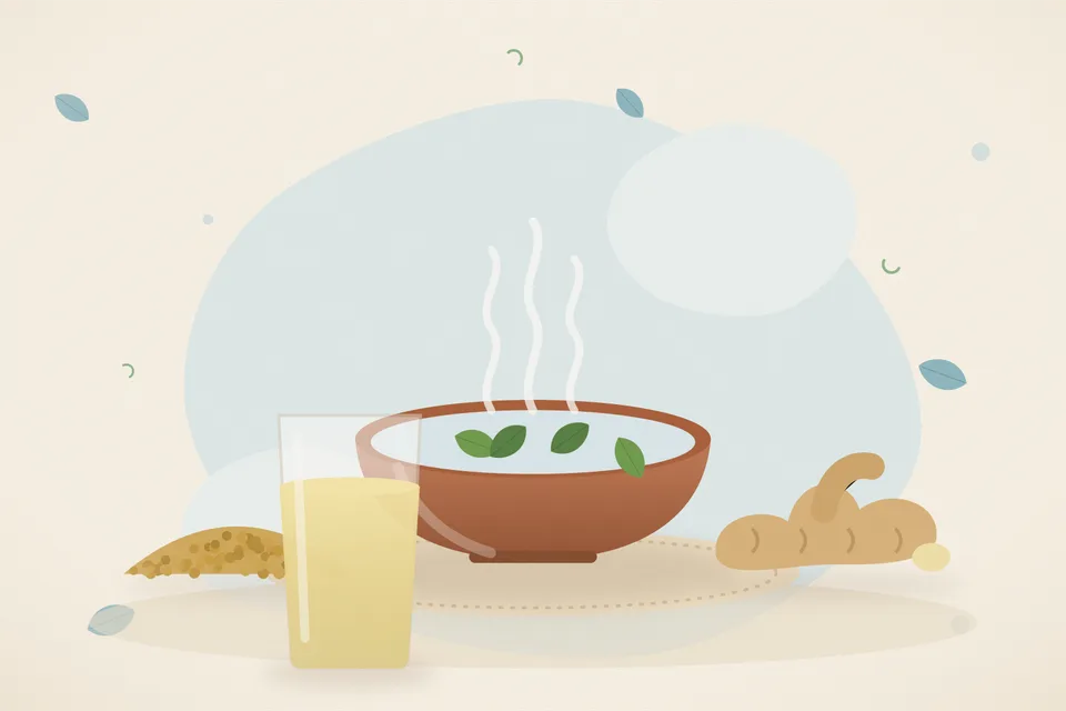 Illustrated still life with fenugreek seeds, fresh ginger.
