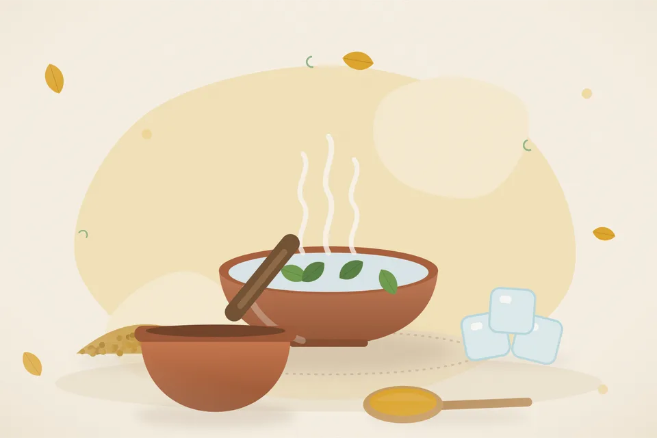 Illustrated still life with fenugreek seeds, ice.