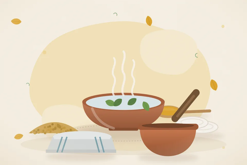 Illustrated still life with fenugreek seeds, cotton pads, a folded cloth.