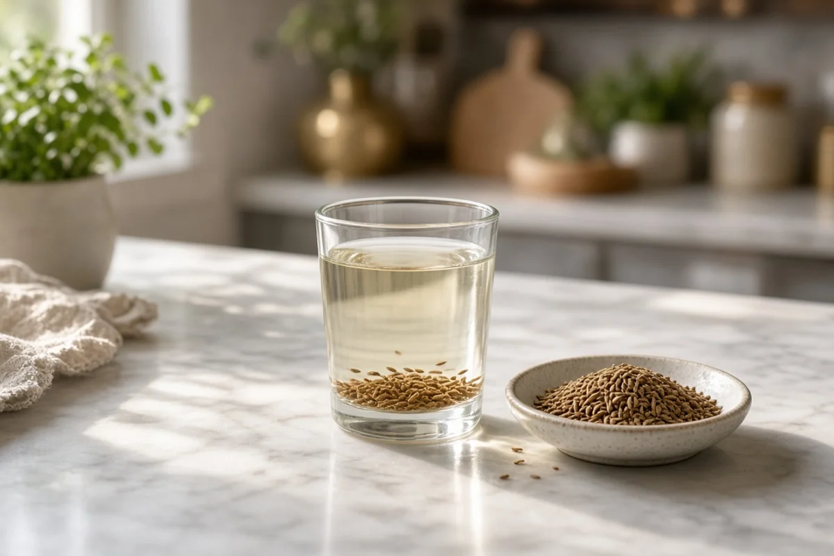 A glass of water with brown seeds at the bottom beside a small bowl of the seeds.