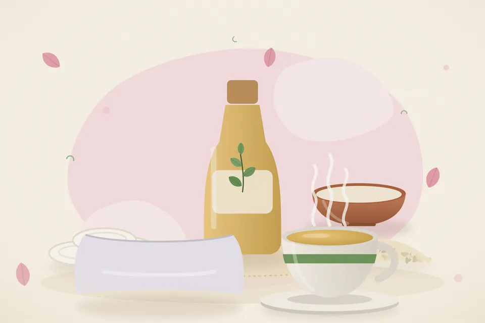 Illustrated still life with cotton pads, sesame seeds, a soft pillow.