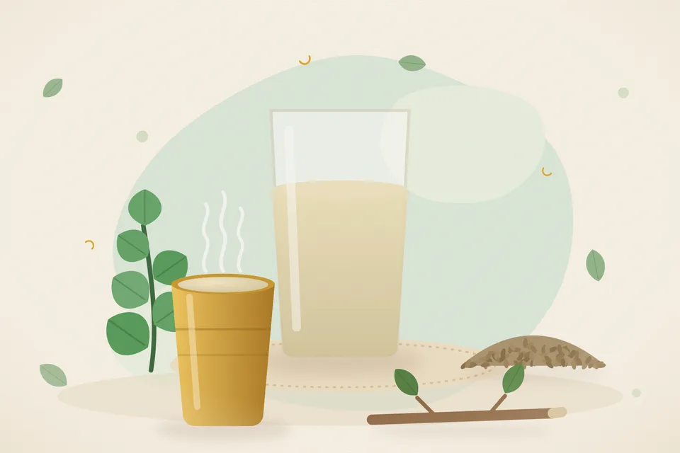 Illustrated still life with mint leaves, ajwain seeds.
