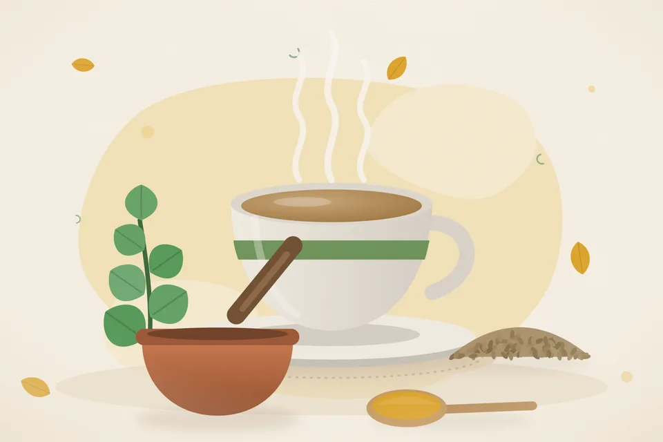 Illustrated still life with mint leaves, ajwain seeds.