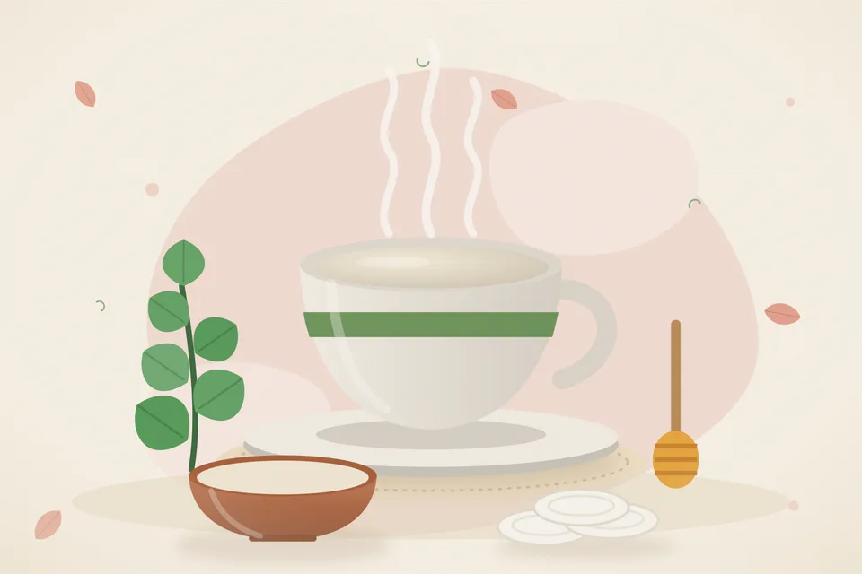 Illustrated still life with mint leaves, honey.