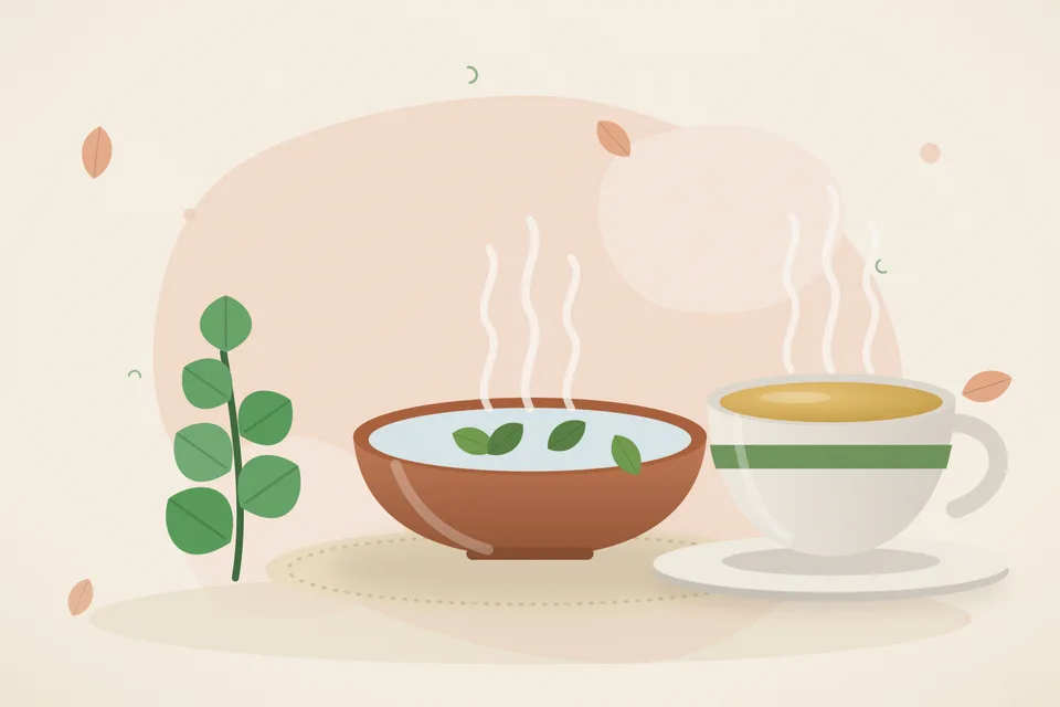 Illustrated still life with mint leaves.