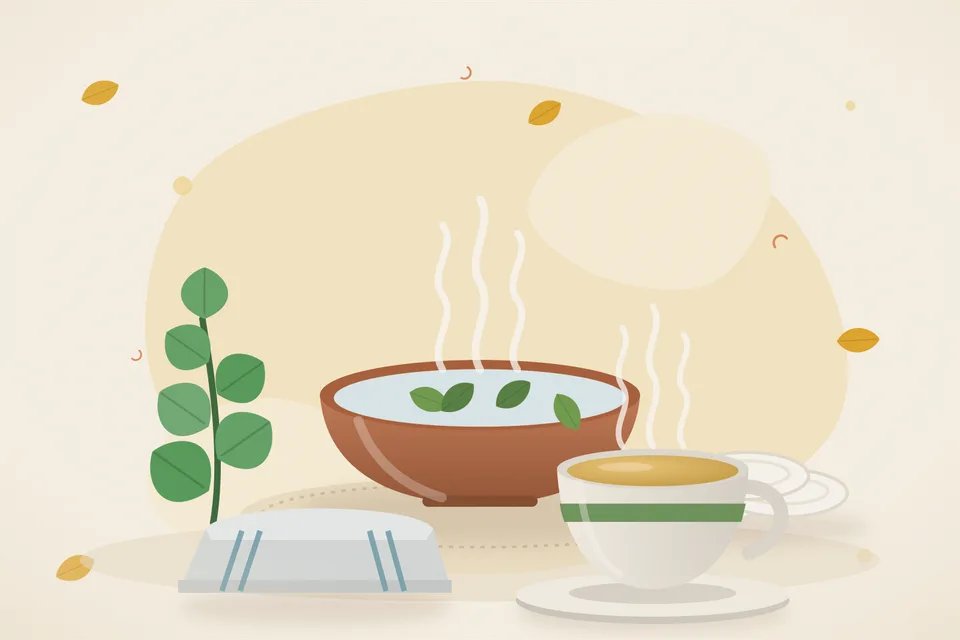 Illustrated still life with mint leaves, cotton pads, a folded cloth.