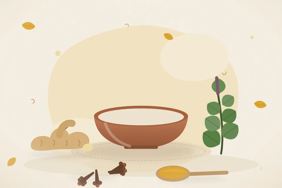 Ginger slices, fresh tulsi leaves and one clove beside a steel cup of light brown kadha on a rainy-day kitchen counter.