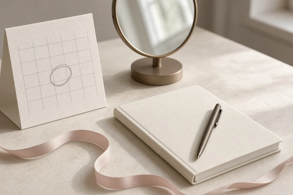 A wall-calendar card with one date circled, a small round mirror, a notebook with a pen and a pink ribbon.