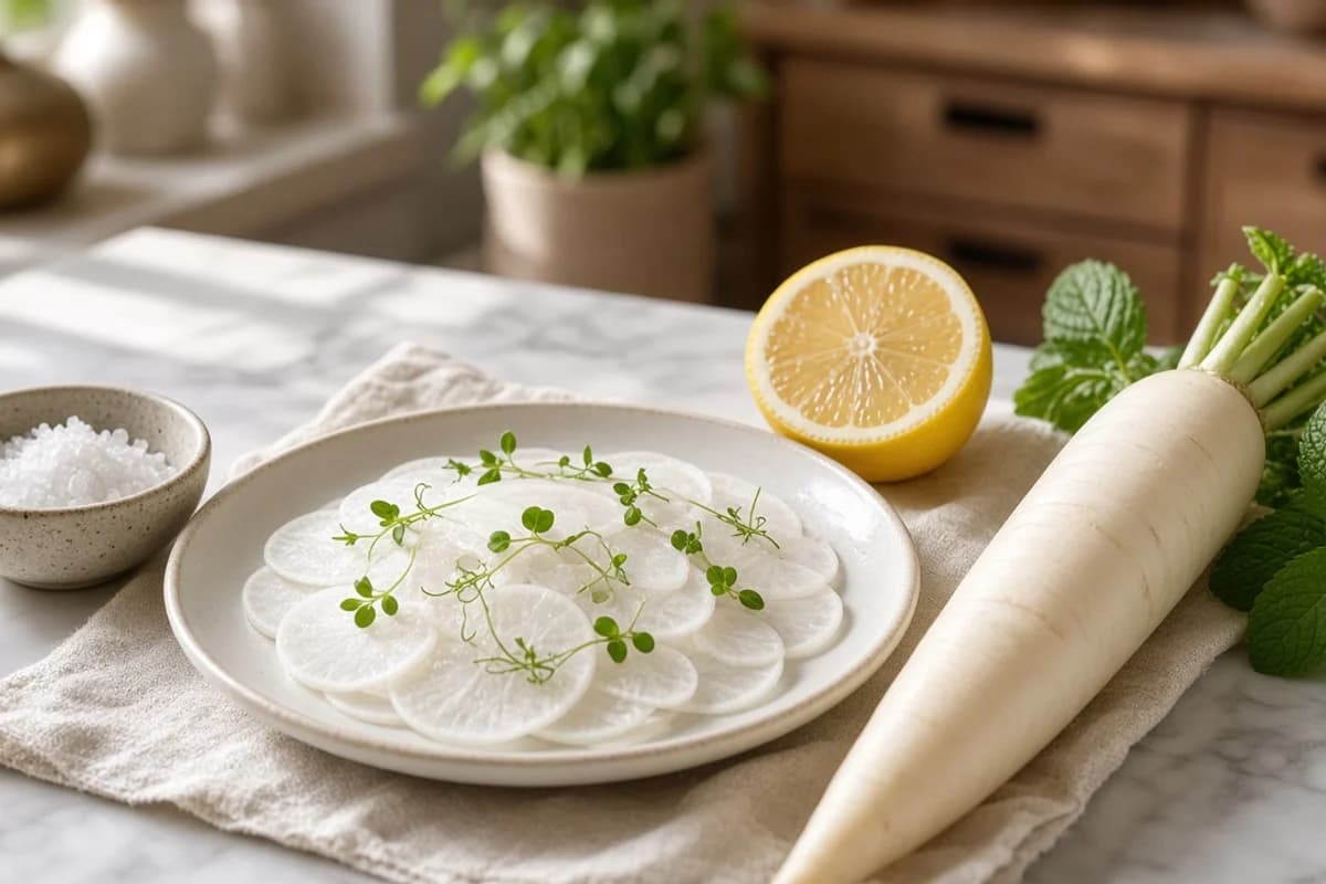 Thin rounds of white radish on a plate with green leaves, beside a whole mooli, half a lemon and rock salt.