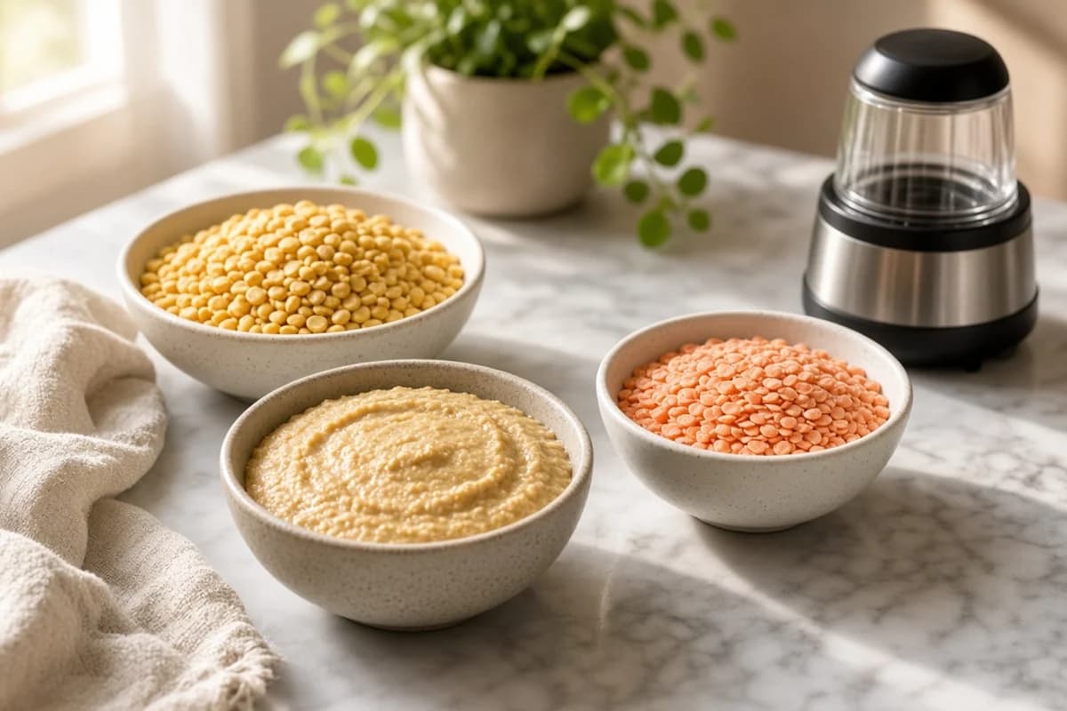 Bowls of dry yellow moong dal, red masoor dal and a coarse dal paste beside a small grinder.