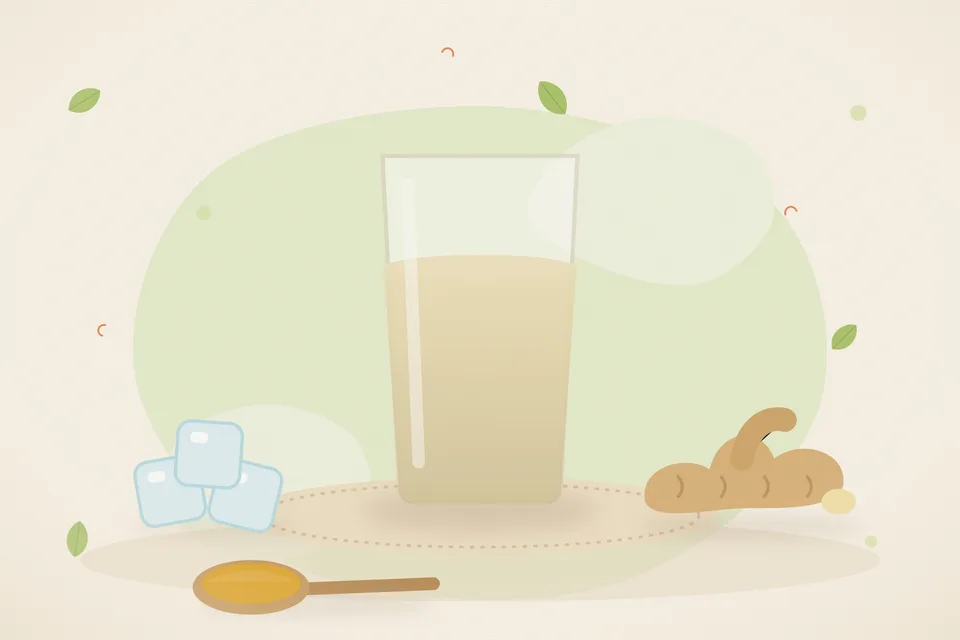 Illustrated still life with ice, fresh ginger.
