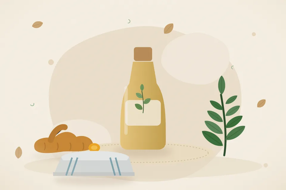 Illustrated still life with turmeric root, curry leaves.