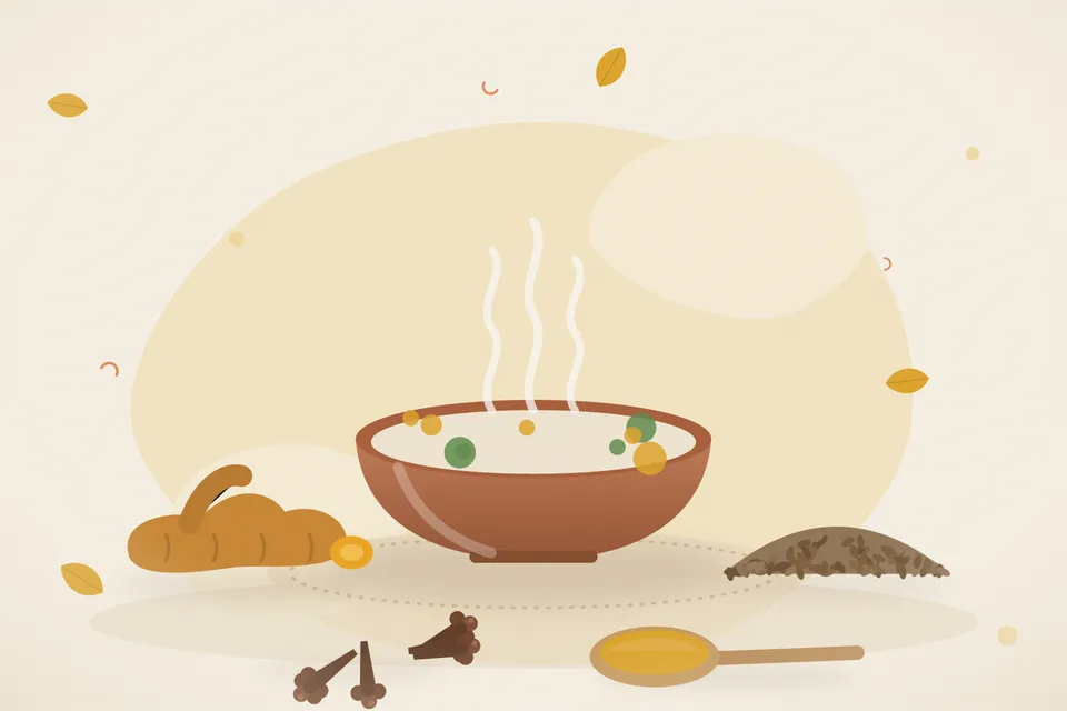 Illustrated still life with turmeric root, cumin seeds, cloves.