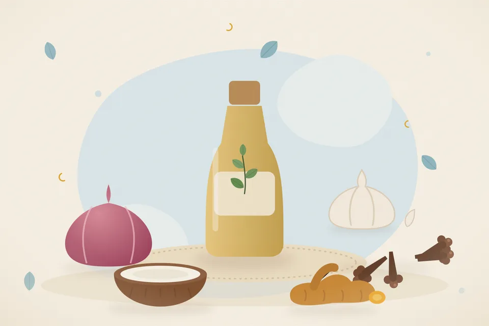 Illustrated still life with onion, cloves, coconut, turmeric root, garlic.