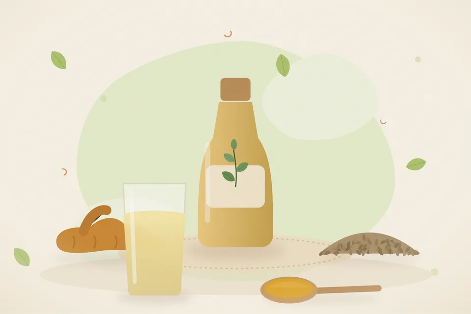 Illustrated still life with turmeric root, ajwain seeds.