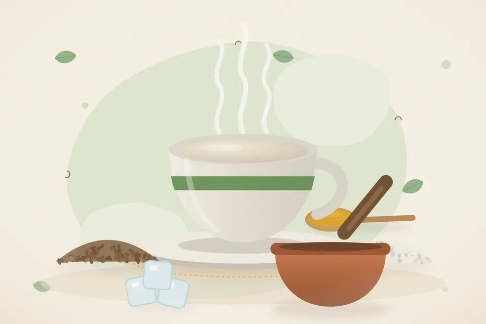 Illustrated still life with cumin seeds, rock salt, ice.