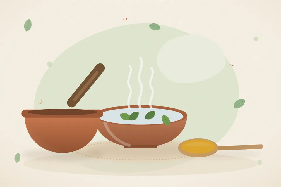 Illustrated Ayurvedic kitchen still life with a bowl, glass and traditional utensils.