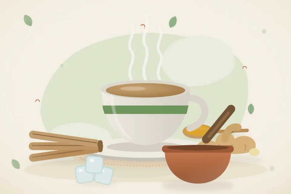 Illustrated still life with mulethi root, fresh ginger, ice.