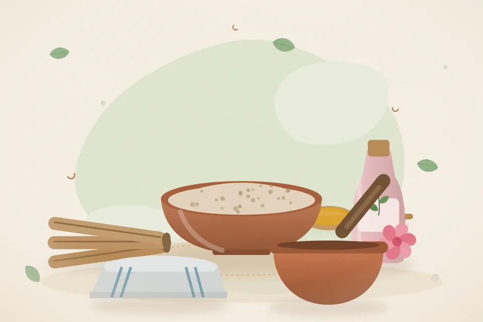 Illustrated still life with mulethi root, rose water, a folded cloth.