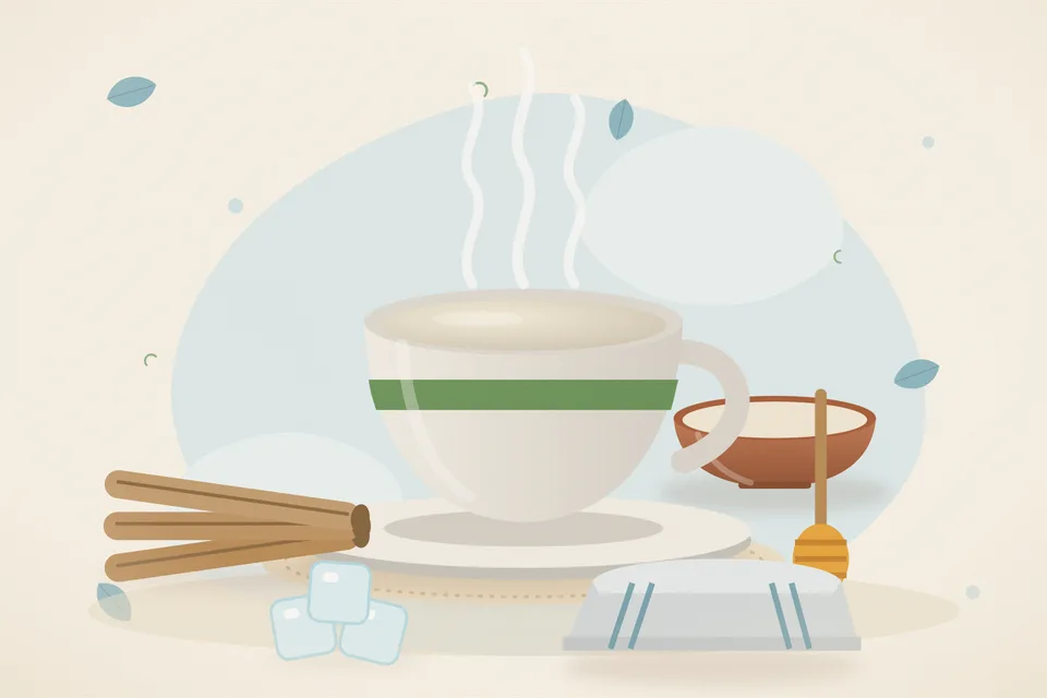 Illustrated still life with mulethi root, honey, ice.