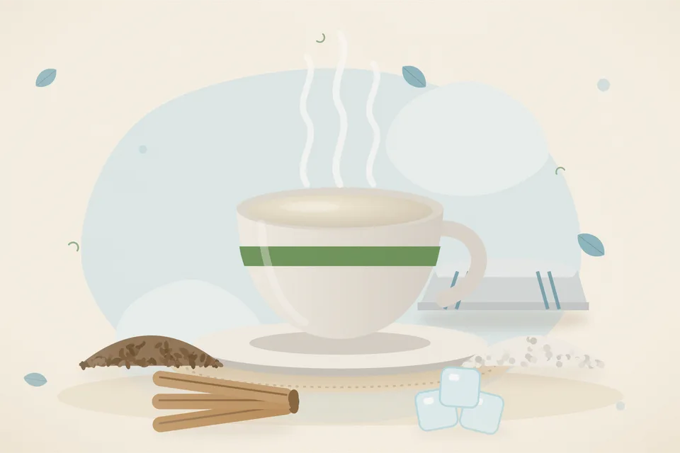 Illustrated still life with cumin seeds, rock salt, mulethi root, ice.
