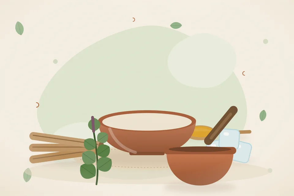 Illustrated still life with mulethi root, ice, tulsi leaves.