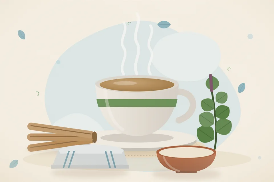 Illustrated still life with mulethi root, tulsi leaves.