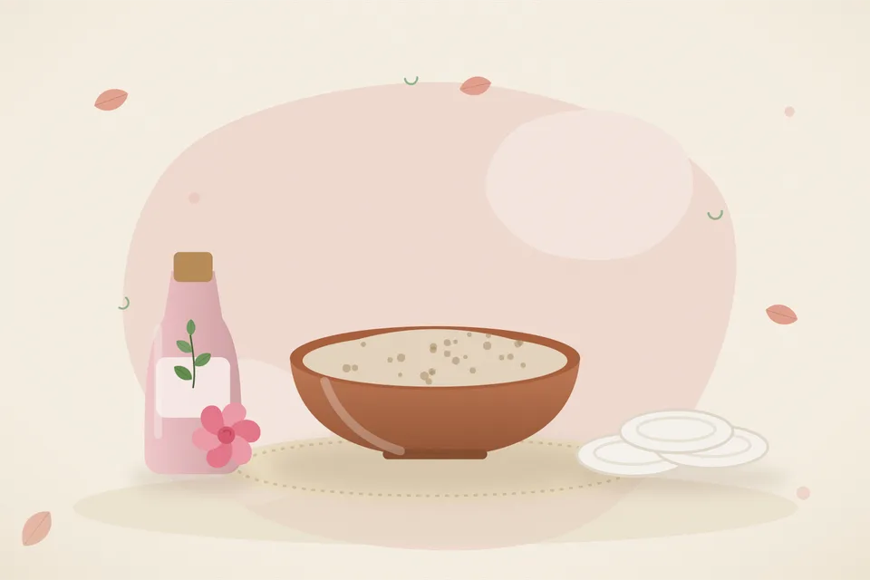Illustrated still life with rose water.