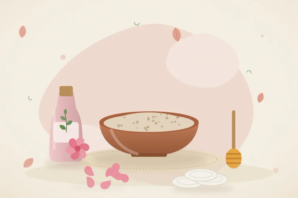 Illustrated still life with rose water, honey, rose petals.