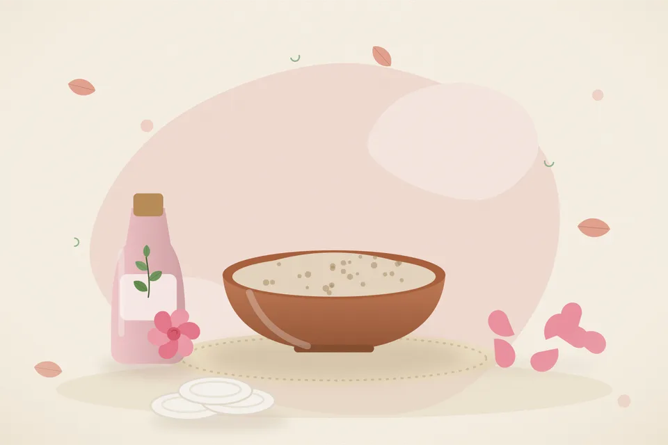 Illustrated still life with rose water, rose petals.