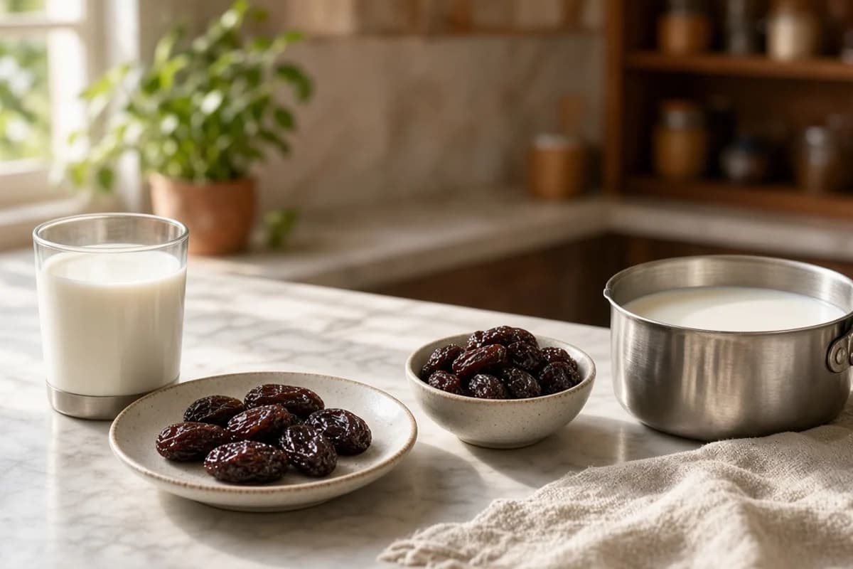 Large dark munakka raisins in small bowls beside a glass of milk and a steel saucepan of milk.