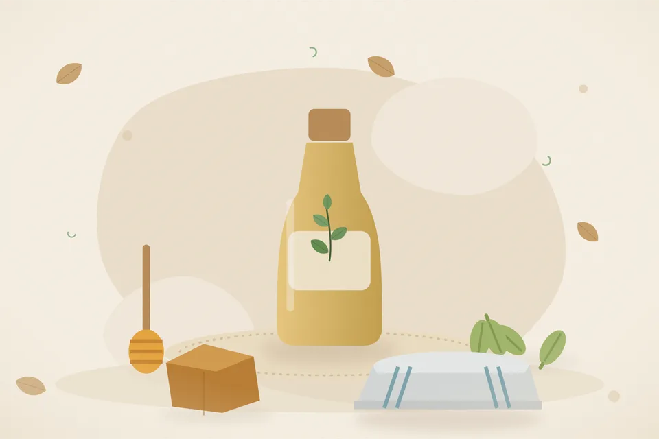 Illustrated still life with honey, cardamom, jaggery.