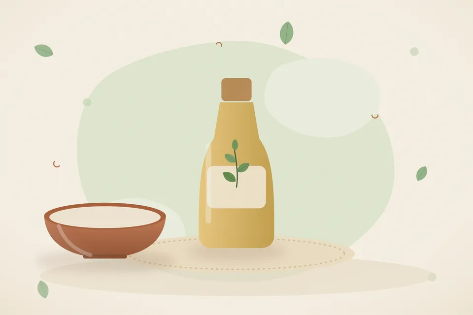 Illustrated Ayurvedic kitchen still life with a bowl, glass and traditional utensils.