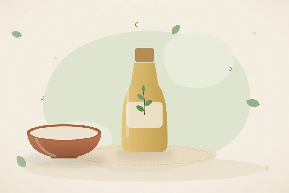Illustrated Ayurvedic kitchen still life with a bowl, glass and traditional utensils.