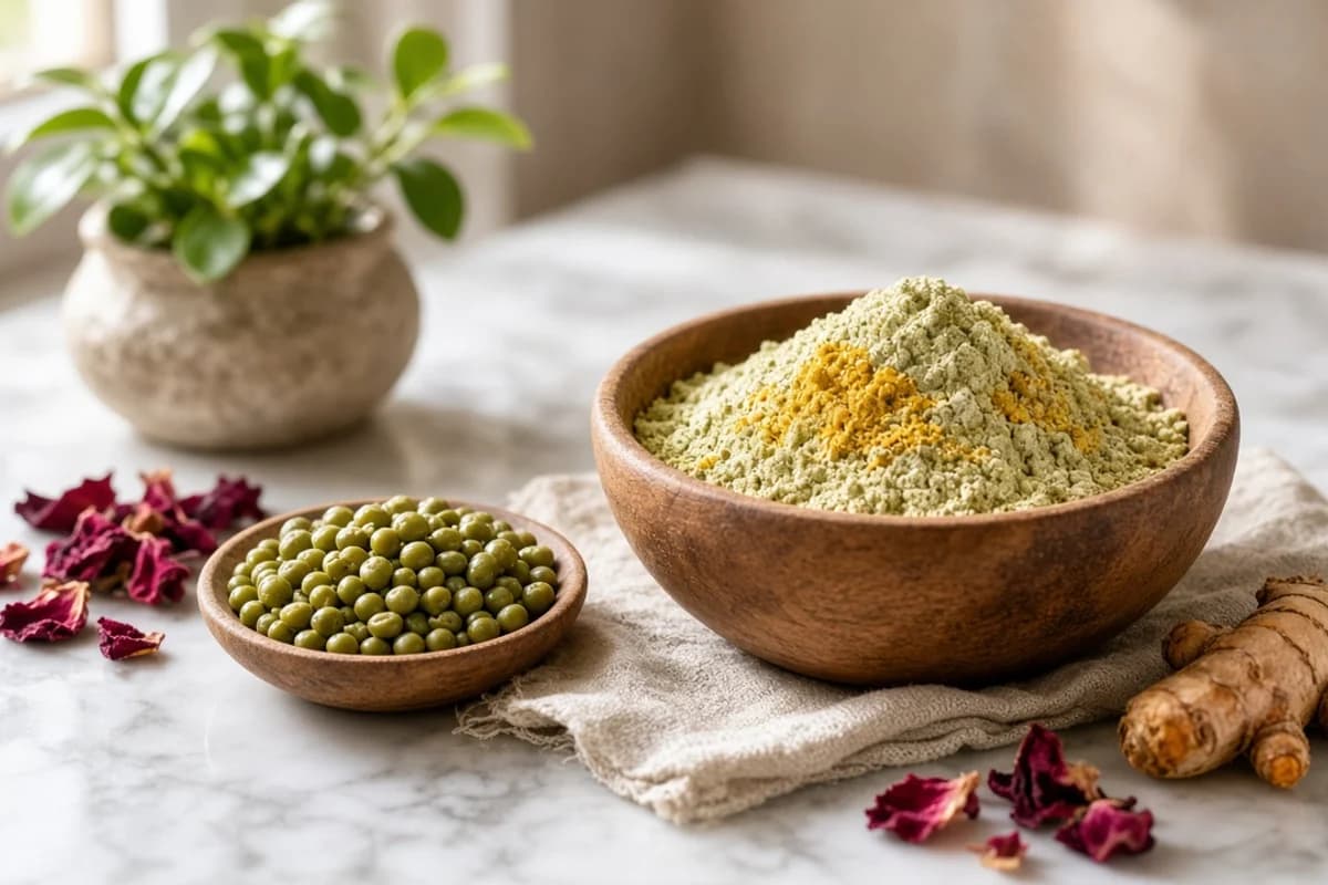 A wooden bowl of green-yellow moong and turmeric bath powder with whole moong beans, a turmeric root and dried rose petals.