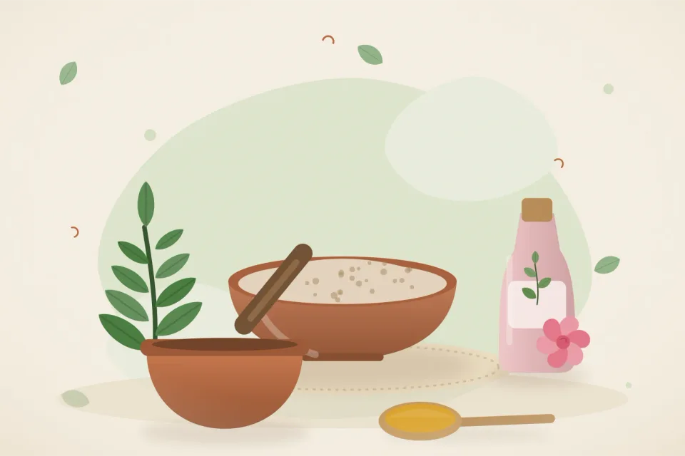 Illustrated still life with neem leaves, rose water.